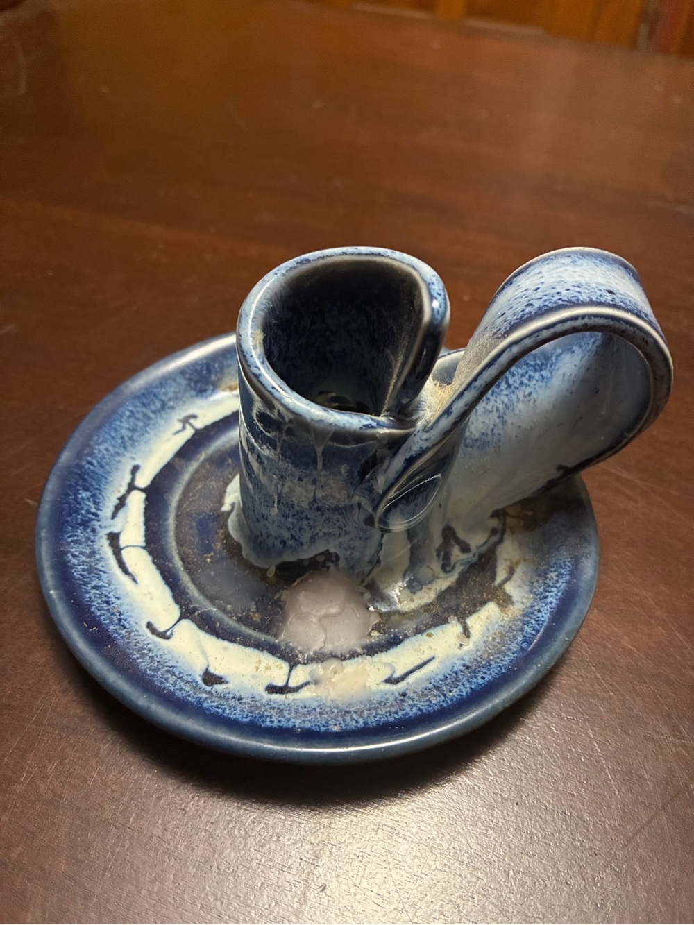 Handmade Blue Ceramic Candle Holder with White Drip Glaze